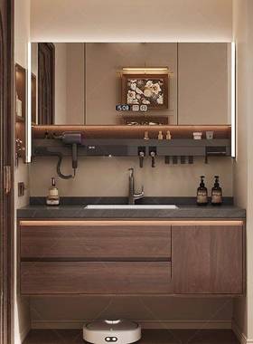 M635中式浴室柜胡桃木一体卫生间陶瓷洗手盆洗脸岩板洗手盆组合