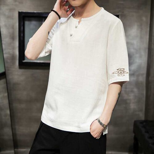 Linen ort-sleeve T-irt s Summer Thin Loose V-neck Cotton an