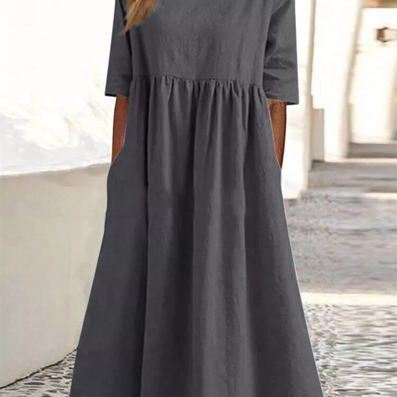 Summer Cotton Womens Dress Oversize Grey O-neck Short图片
