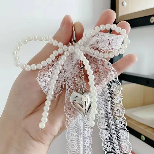 2025 New Korean Sweet Pearl Bow Keychain Heart Pendant Keyri