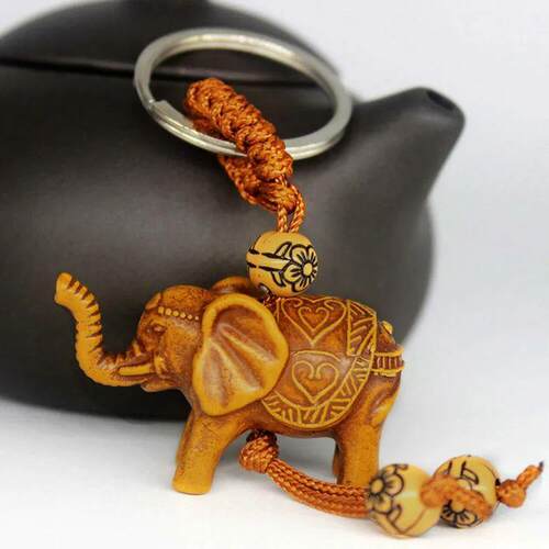 Elephant Keychain Peach Wood Carving Riches Lucky Animal Key