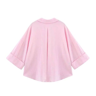 HipSeam Wide Sleeved Shirt Women Spring Asymmetric Hem Butto