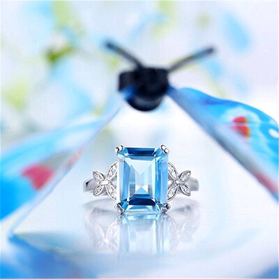 Luxury Topaz Aquamarine Zircon Square Ring Engagement Ring B