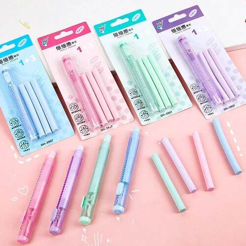 Kawaii Rubber Erasers with Refill Retractable Pencil Wipe Cl