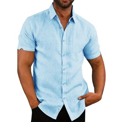 Cotton Linen Hot Sale Mens Short-Sleeved Shirts Summer Soli