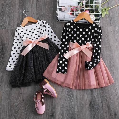 Polka Dot Long Sleeve Tulle Kids Princess Dresses for Girls