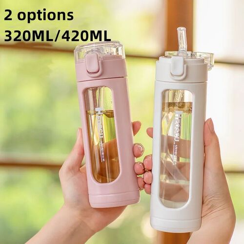 Double Portable Glass Cute Water Bottle with Plastic sleeve