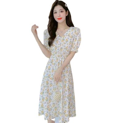 Summer New Arrival Chiffon Short-Sleeved Floral Dress V-Neck