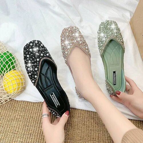 Glitter crystal pearl studs ballet shoes women square toe sl