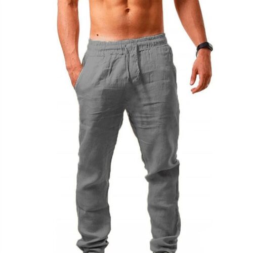 Mens Cotton Linen Long Pants Summer Solid Color Breathable