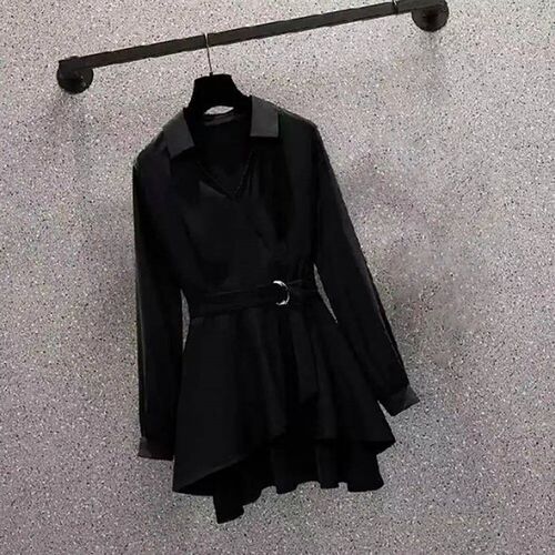 Women Shirt Dress Lapel V Neck Long Sleeves Irregular Hem Wa