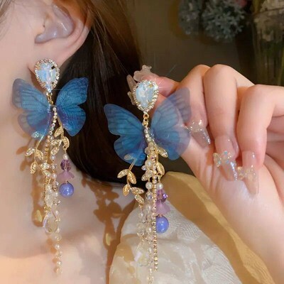 Blue Butterfly Drop Earring For Women Imitation Pearl Crysta