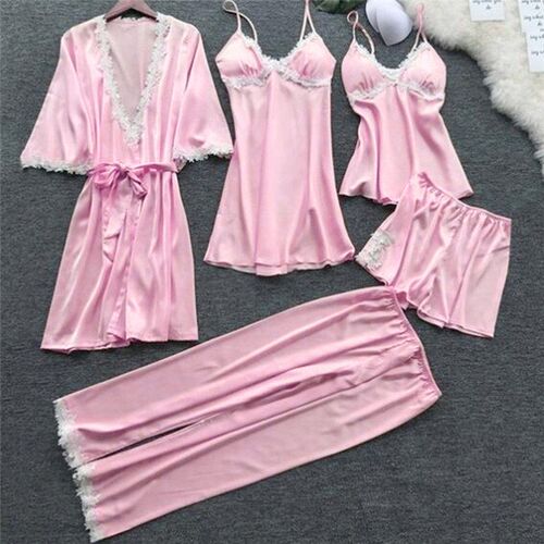 2023 Women Satin Sleepwear Thin 5 Pieces Pyjamas Sexy Lace P