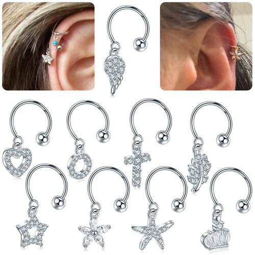 1PC Steel Dangle CZ Cartilage Hoop With Brass Crown Heart Pe
