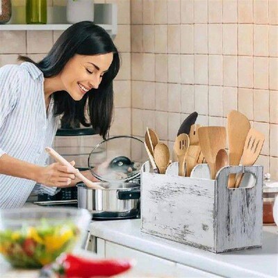 Kitchen Utensil Holder Wooden 3 Compartments Utensil Holder