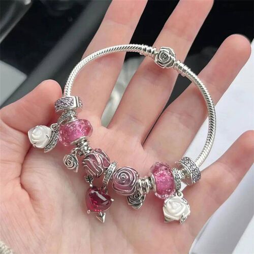 Hot Sale Charms Heart Beads Pink Dangle Charm Flower Pendant