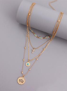Small Hole Chain Hollow Flower Diamond Cross Pendant Necklac