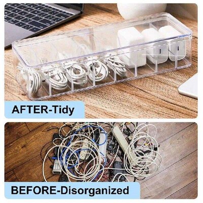 2Pcs Cable Storage Box With Wire Ties, Clear Cord Storage