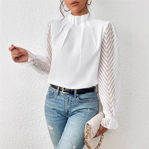 2025 Womens Half-high llar Patchwork Wavy Chiffon Long Slee
