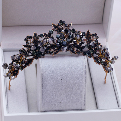 Baroque Handmade Black Crystal Beads Bridal Tiaras Crown Rhi