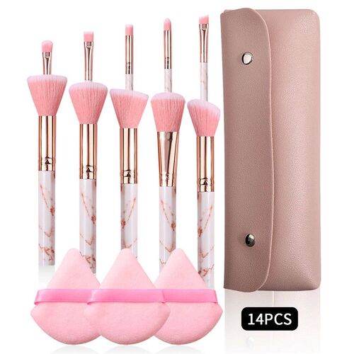 14PCS pink set with 10 marble makeup brushes +3pcs setting