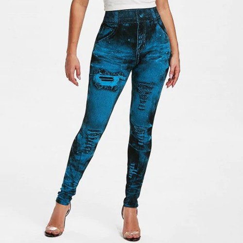 2021 New Women Gym Leggings Faux Denim Jeans Leggings Pocket