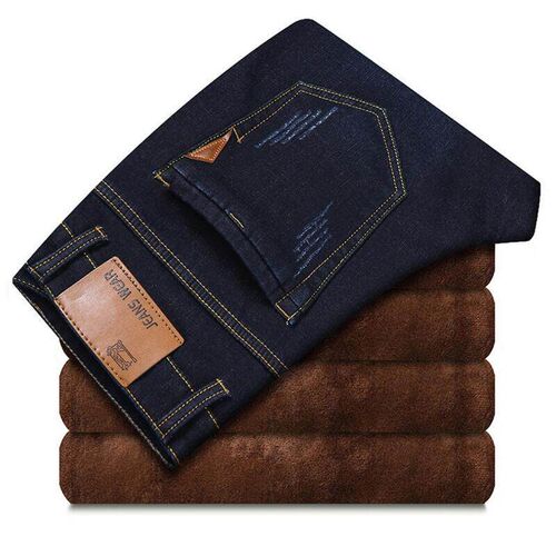 Men Black Winter Denim Jeans Fleece Thicker Warm Long Jeans