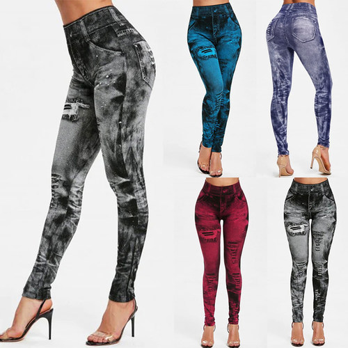 2021 New Women Gym Leggings Faux Denim Jeans Leggings Pocket