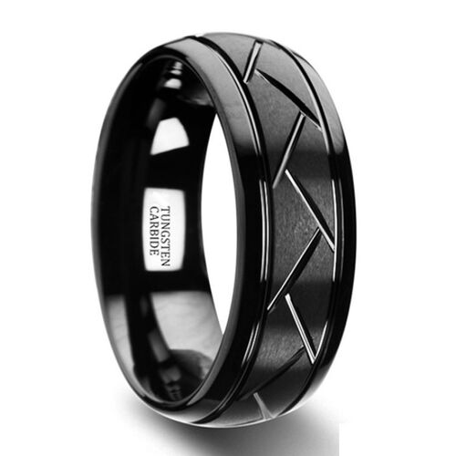 Fashion Mens Silver Color Black Stainless Steel Ring Groov