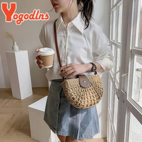 Yogodlns Summer Straw Bag For Women Fashion Semicircle Cross