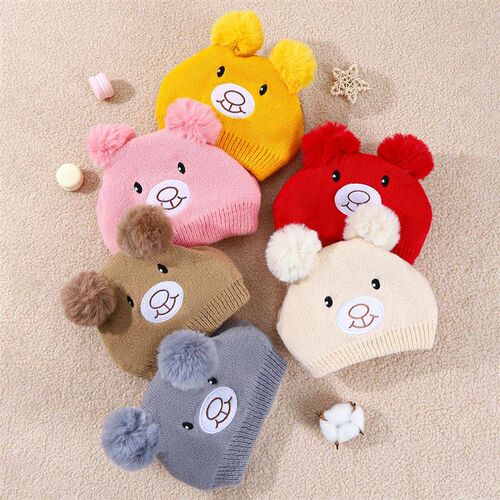 Cute Bear Beanie Cap for Baby Boy Girl Cartoon Pompom Warm K