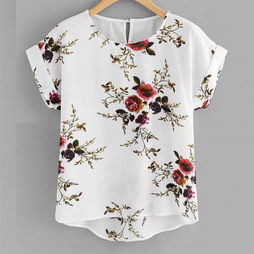 Summer Fashion Floral Print Blouse Pullover Ladies O-Neck Te