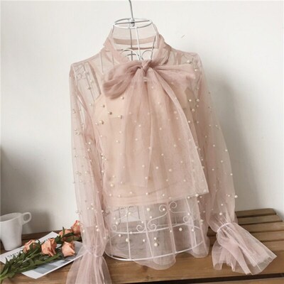 Hot Sales Summer Long Flare Sleeve Bow Tie Mesh Blouses Wome
