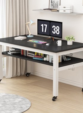 带轮子书桌可移动电脑学习办公桌层餐桌定制尺寸钢木桌高承重桌