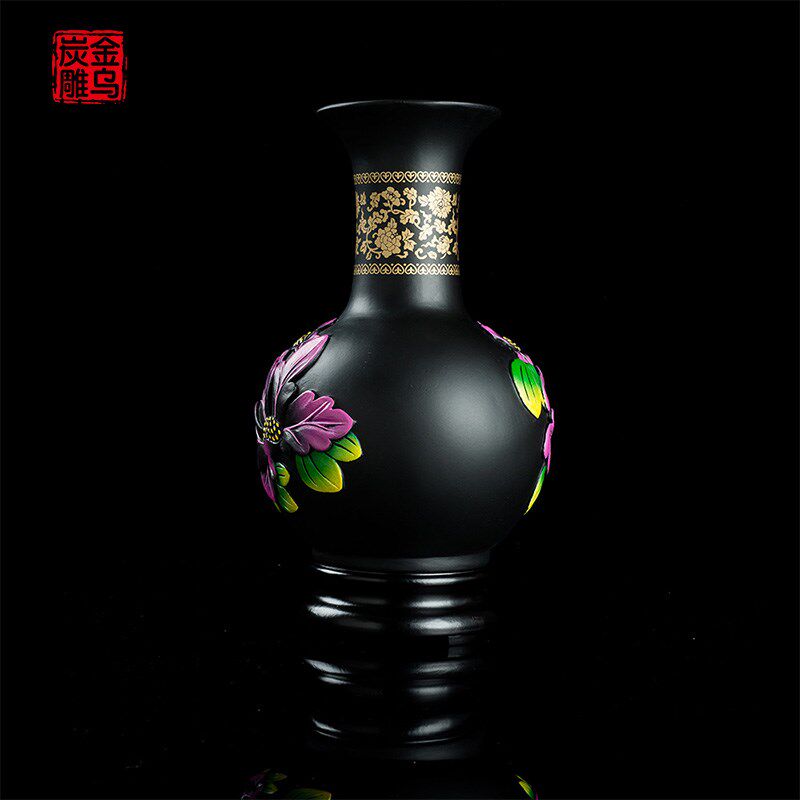 金乌炭雕 紫荆花瓶门厅客厅玄关电视柜书房摆件活性炭装饰品送礼,家居饰品,装饰摆件,淘宝优惠券,粉丝福利购,淘宝优惠卷