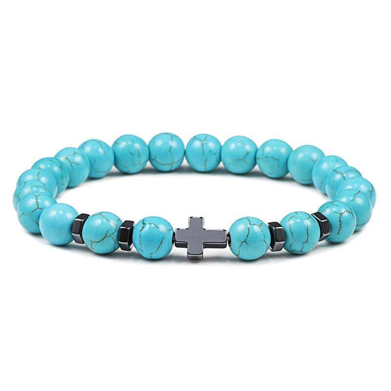 Prayer Men Natural Stone Wood Beads Rosary Hematite Cross Br - 实物图
