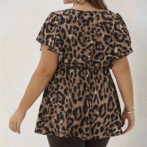 Plus Size Womens Shirt, Leopard Print Round Neck Waist Shor