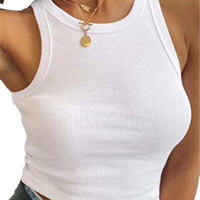 Womens Crewneck I-shaped Vest Rib Knitted Solid Color Sleev