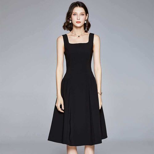 Summer Elegant Mid-length Large Swing Small Black Dress Soli