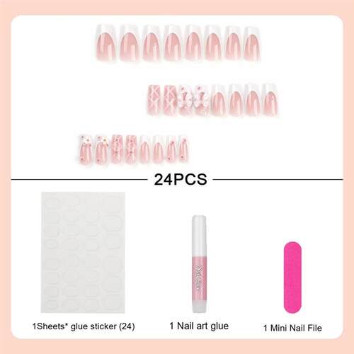 24Pcs Pink Bow Press on Nails 3D Flower with Pearl Design Ac