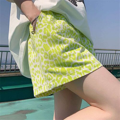 Shorts, summer tie-ed womens fluorescent green leopard prin