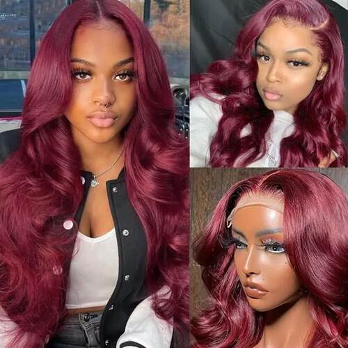 Burgundy Red Synthetic Lace Frontal Wigs For Women Red Long