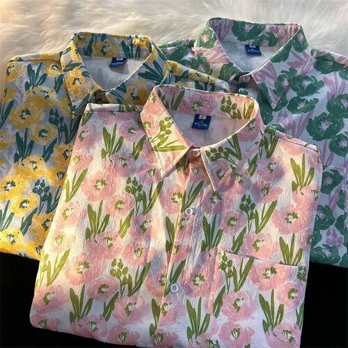 Vintage Fashion Flower Print Button Up Shirt Women Shirts Bl