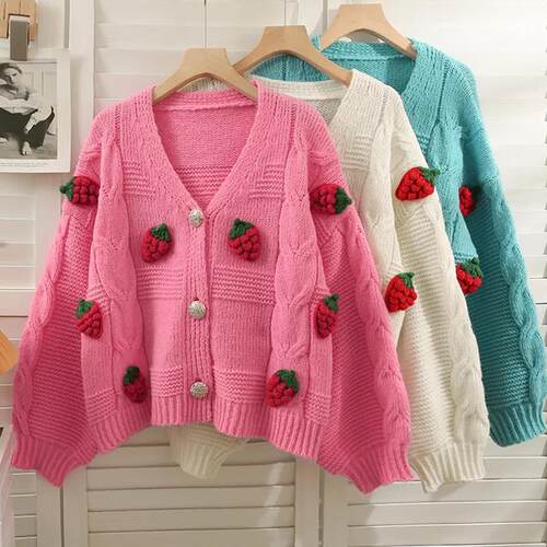 Korean Fashion Pink Strawberry Sweaters for Women Autumn Win