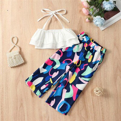 2025 Girls Summer Strappy Layered Tops Wide Leg Pants Set 20