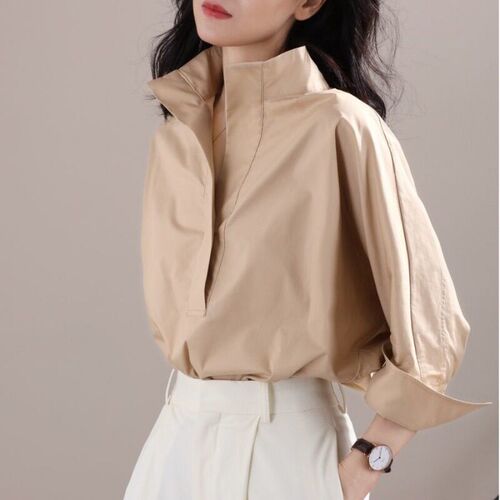 Autumn cotton bat 7 / 4 Sleeve Shirt womens wide loose coll