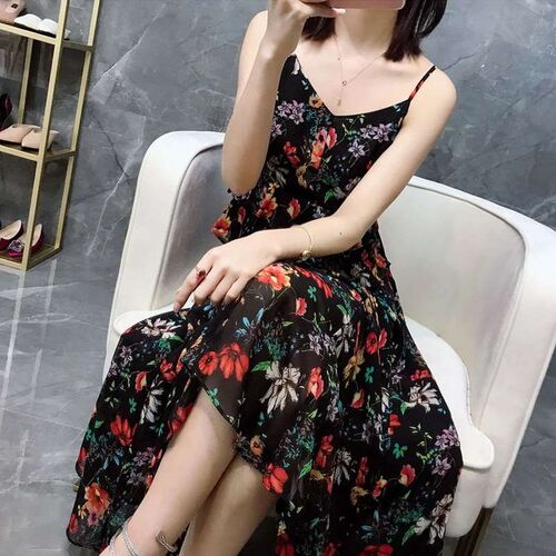Gentle Strap Dress Floral Chiffon Summer Large Size Womens
