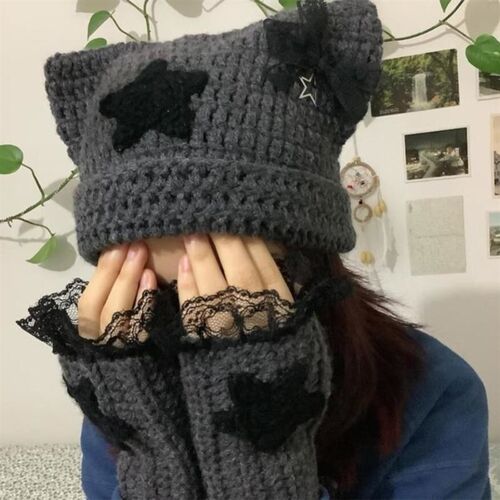 Crochet Stripe Pattern Handmade Cat Ear Hat Soft Winter Warm