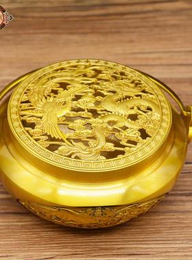 宏达 黄铜大号暖手炉龙凤呈祥室内烧炭香薰炉铜器