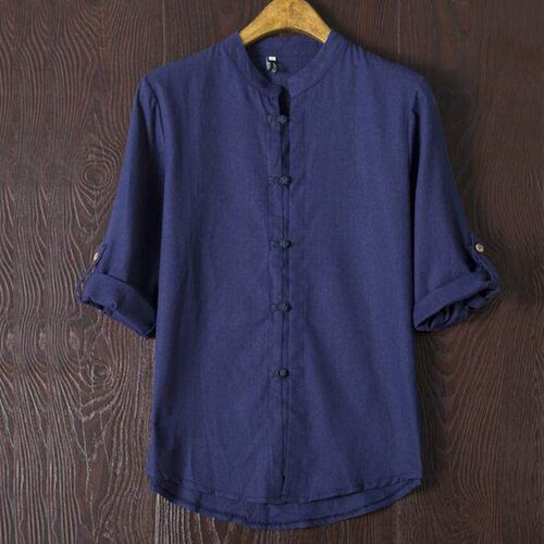 Mens plus size linen linen casual shirt Chinese retro cotto